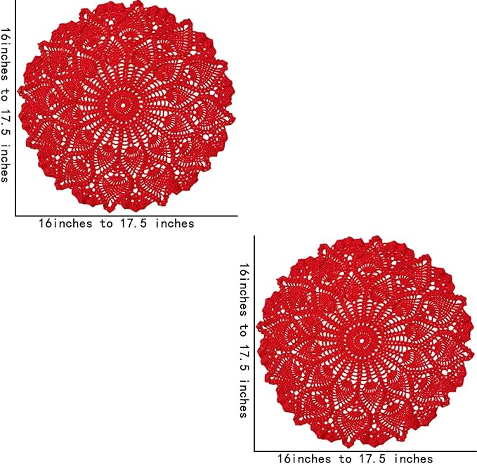 BIBITIME Lace Placemats Table Doilies Round Handmade Crochet Doily Kitchen Coffee Cup Mug Mats Dinner Place Mats (16 to 17.5 inches-2PCS, Red)