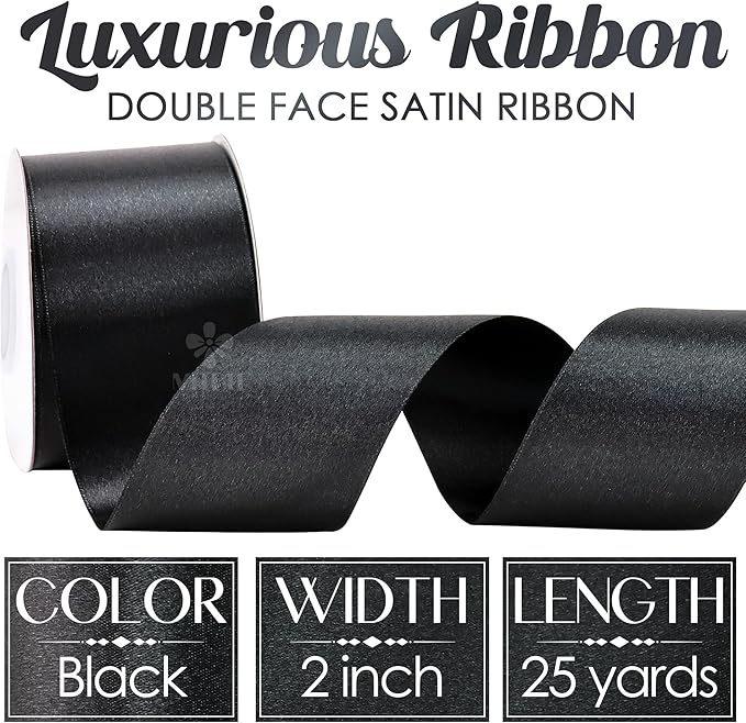 MEEDEE Black Satin Ribbon 2 Inch Black Ribbon Lux Double Faced Ribbons by 25 Yards Silk Satin Ribbons for Gift Wrapping, Crafts, Weddings, Flower Bouquet, Holiday Decorating