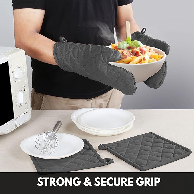 Oven Mitts + Pot Holders 100% Cotton Heat Resistant Oven Gloves (7"x13") & Hot Pads (8"x8") for Gifts Cooking BBQ Baking Grilling - Grey