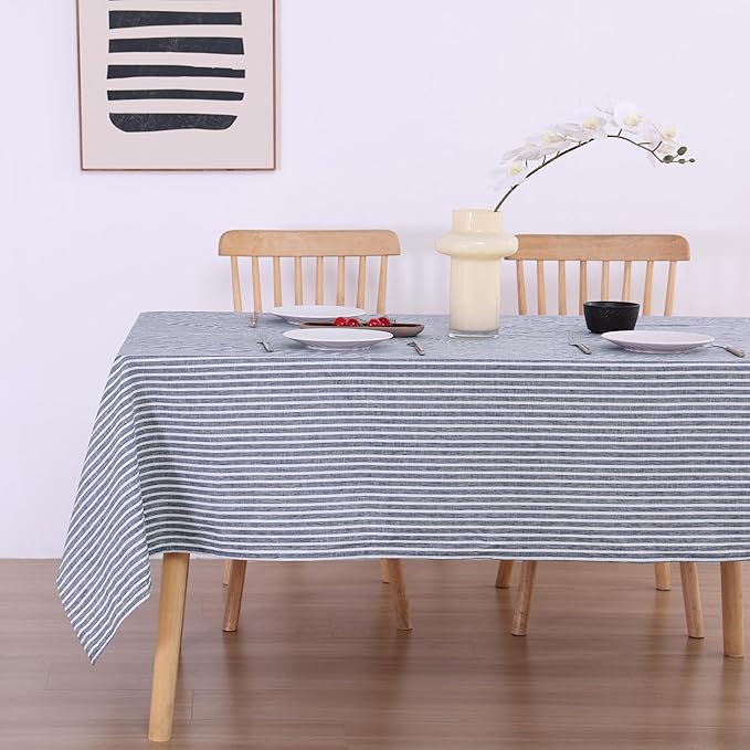 100% French Flax Linen Tablecloths Rectangle 84Lx60W Inch for Dinners, Parties, Easter, Halloween, Camping, Stone Washed, Textured, Machine Washable, 6-8 Sets (60''x84'', Blue Stripe)