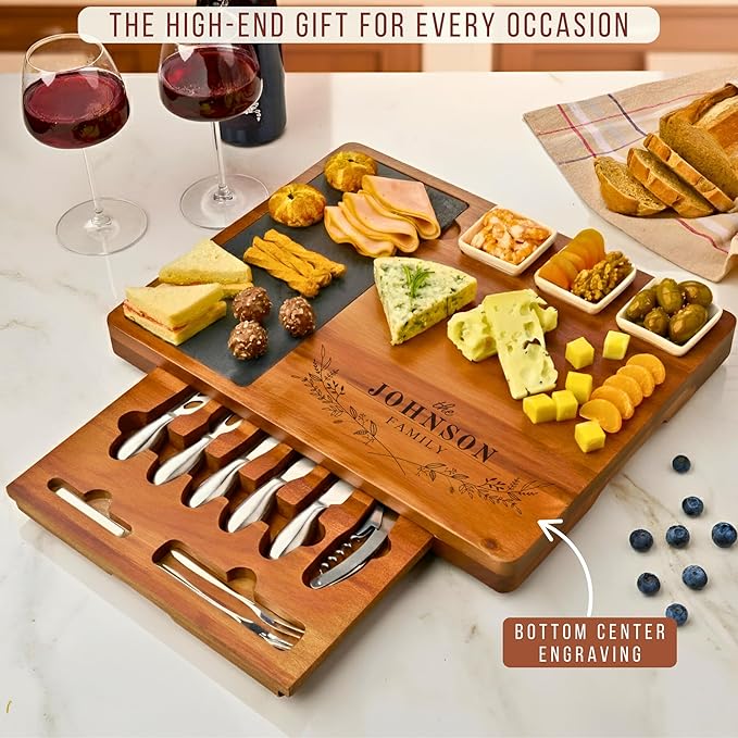 Personalized Acacia Wood Charcuterie Board Set with Stainless Steel Knives – Custom Cheese Board for Wedding, Valentines Day Gifts for Her, Housewarming, Bridal Shower, Anniversary, Women and Couples