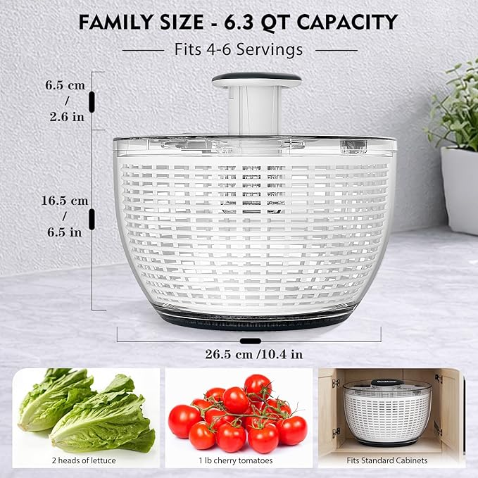 Ourokhome Salad Spinner Lettuce Dryer, One-handed Easy Press Large Vegetable Dryer Salad Mixer with Comfortable and Retractable Pusher and Brake Button for Greens, Herb, Berry, Fruits, 6.3 QT, Black