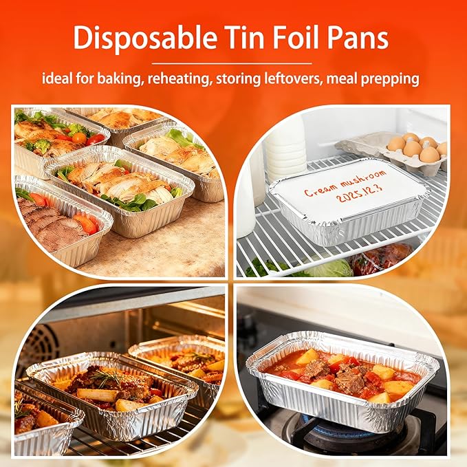 Aluminum Foil Pans with Lids - 2.25 LB Food Containers Disposable Tin Foil Meal Prep Containers with Lids, 50 Pans and 50 Cardboard Covers for Baking, Freezer & Food Storage, 8.5" X 6" (30 Pack)