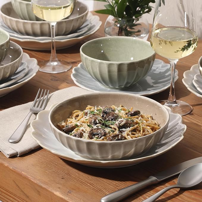 Gibson Elite Malibu Shore 16 Piece Scallop Stoneware Reactive Glaze (Service for 4) Ceramic Plates and Bowls Dinnerware Set - Assorted Color (Shiny Cream White, Blue, Cream, Terracotta)