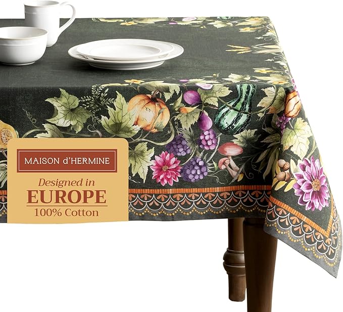 Maison d' Hermine Table Cloth Rectangle Table 100% Cotton 60 x 108 Inches Fall Tablecloth Reusable Everyday Use for Thanksgiving Christmas Decorations Dining Farmhouse (Pumpkin Garden - Dark Green)
