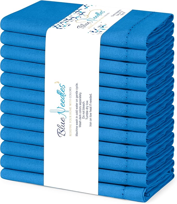 Blue Needles Set of 12 Hemstitch Linen Napkins 100% Cotton Royal Blue Cloth Dinner Napkins 18x18 inches, Soft, Reusable, Absorbent, Washable, Ideal for Wedding Events, Parties & Everyday Use