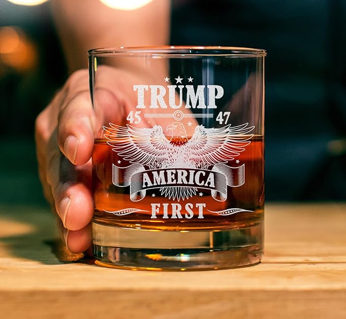 Donald Trump America First Whiskey Glass - Laser Engraved 11oz Old Fashioned Glass, Political Gift for Men, MAGA Merch, Right-Wing Collectible