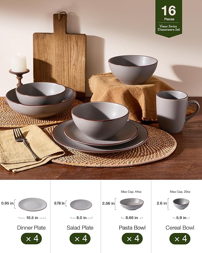 Famiware Venus Speckled Dinnerware Set with Pasta Bowls, Service for 4 (16 Pieces), Stoneware Plates and Double Bowls Sets, Microwave & Dishwasher-Safe Dishes with Trim, Matte Dark Grey