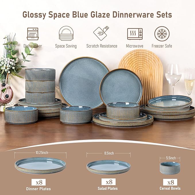 GBHOME 24-Piece Stoneware Dinnerware Set for 8 – Ribbed Ceramic Plates and Bowls, Scratch-Resistant, Microwave & Dishwasher Safe, Reactive Glaze, Deep Ocean