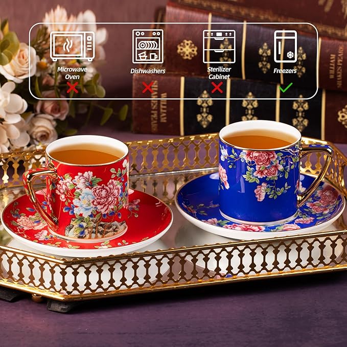 KAMMAK Tea Cups and Saucers Set of 2, Porcelain Coffee Cups with Saucer for Espresso, Cappuccino, 7.5oz Vintage Red and Blue Ceramic Novelty Mug for Home, Tea Party, Office