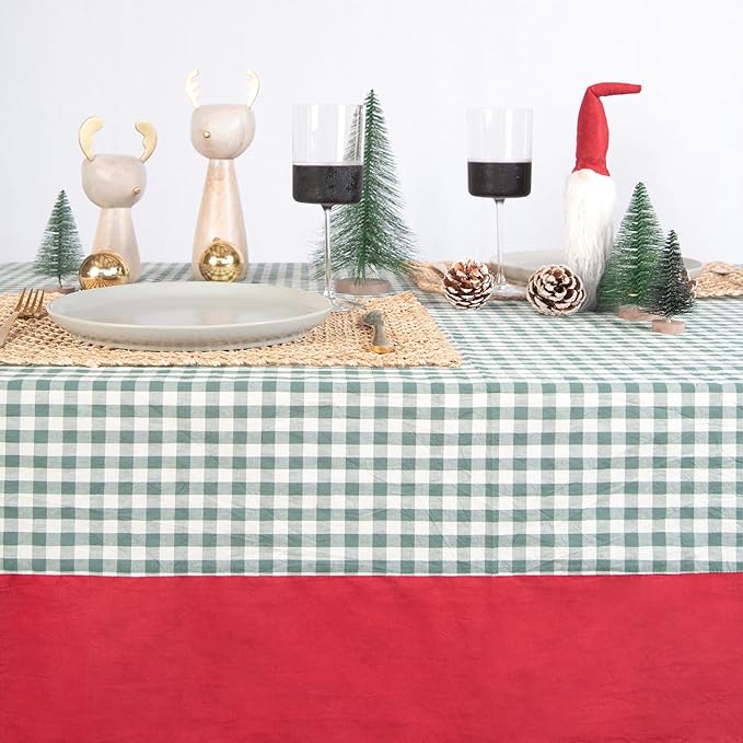 MONDAY MOOSE Christmas Gingham Checkered Farmhouse Rustic Decoration Rectangle Natural Stonewashed Cotton Tablecloth for Kitchen, Dining Room, Restaurant (55x70 inch, Red/Green)