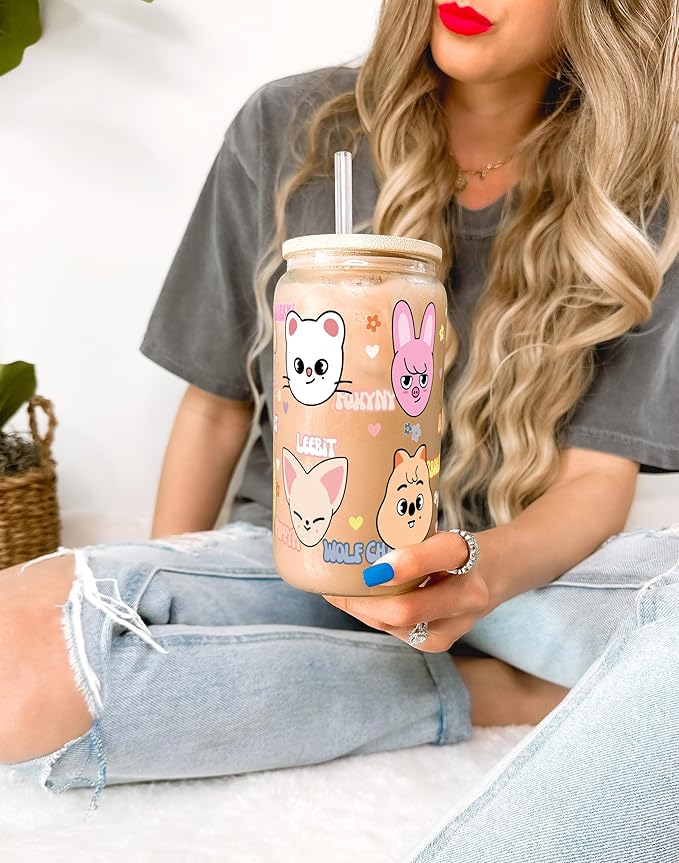 Sip-Sip Hooray! Skzoo Kpop Glass Tumbler with Lid and Straw, 16oz Iced Coffee Cup, Stray Kids Merch, Reusable Glass Cup, Cute Soda Can Lids with Straw, Gift for Fans and Teens