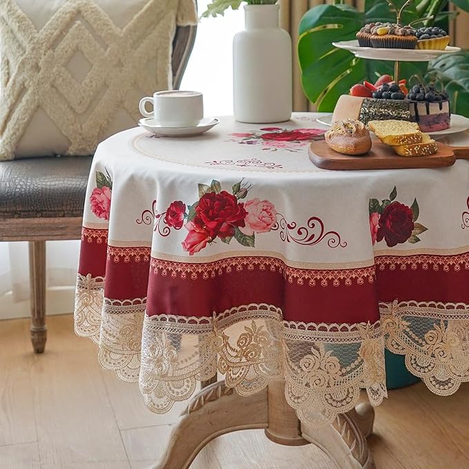 SUTAVIA Round Table Cloth with Embroidered Lace Farmhouse TableCover Classic Antique Flower Decor Macrame Tablecloth for Home Holiday Garden Coffee Small Table(Burgundy, 45 inch Round)