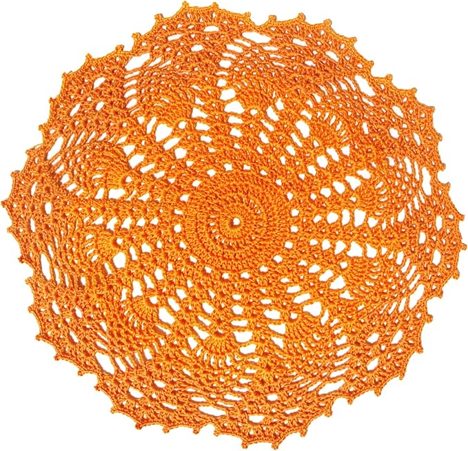 BIBITIME Lace Doilies Crochet Handmade Lace Coasters Round Placemat Rustic Table Doilies Decors for Kitchen Dining Room Party Dressers (11 inches to 12 inches,Pack of 2 PCS, Orange)