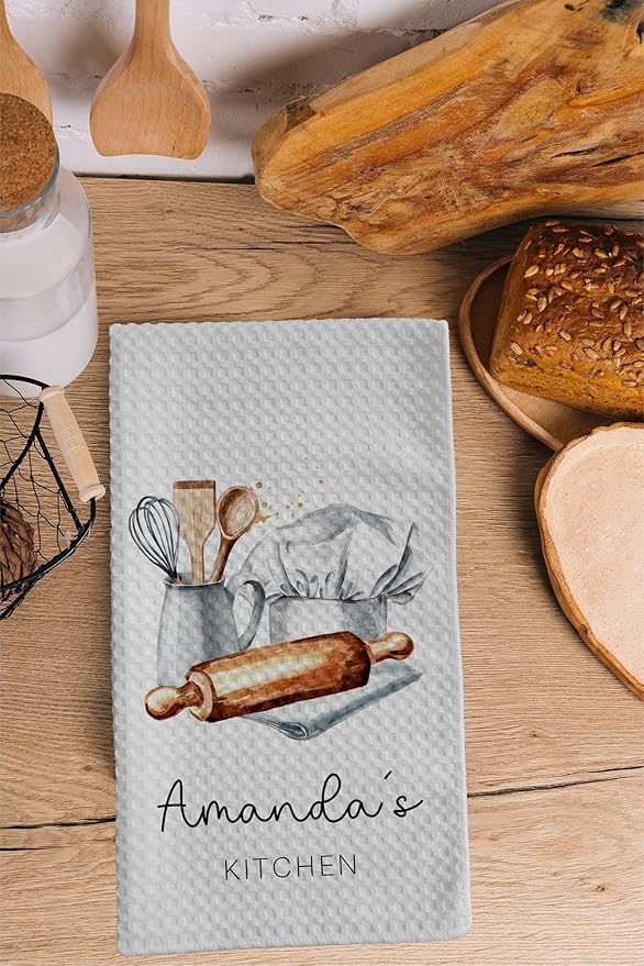 Personalized Kitchen Towel | Custom Tea Towel | Watercolor Utensil Dish Towel | Kitchen Decor | Hand Towel Gift Set | Waffle Weave Dishcloth (Pack of 3 Towels, Design 3)