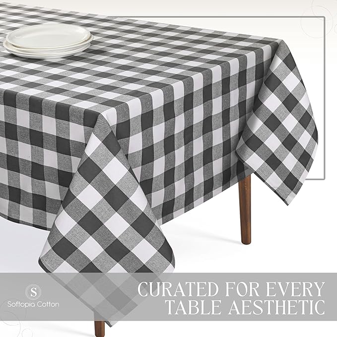 Buffalo Plaid Check 52"x70" Tablecloth 100% Cotton Washable Rustic Rectangle Table Cover Decorative for Gifts, Dining, BBQ, Buffet Parties & Camping - Grey