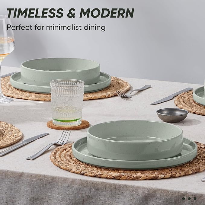 E-far 16-Piece Plates and Bowls Sets - Stoneware Dinnerware Sets with Pasta Bowls for 4 | Microwave & Dishwasher Safe Kitchen Modern Dish Set, Speckled Green