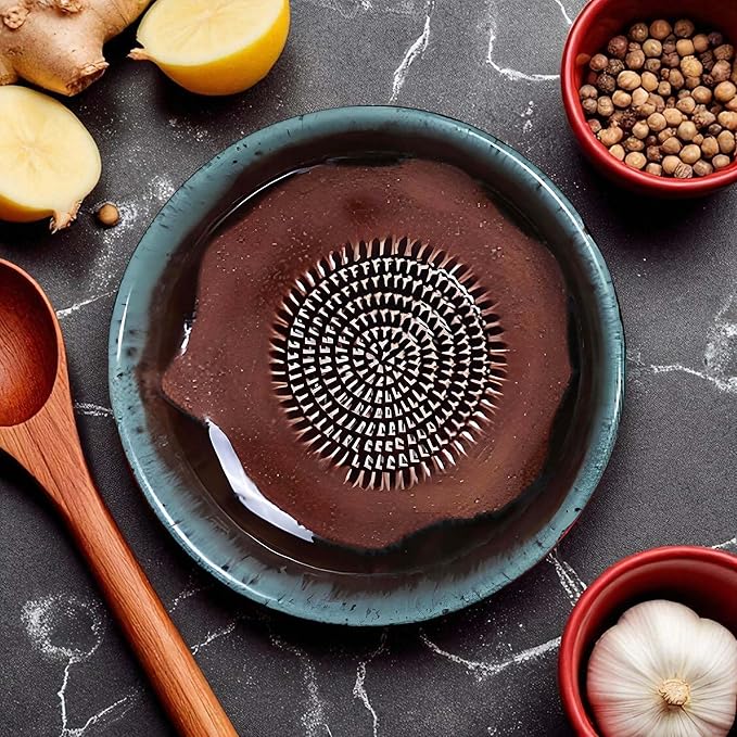 Ceramic Grater Bowl, Garlice Grater Plate, Handmade Ginger Grater, Mincer Bowl for Cheese &Vegetables, Ceramic Decorative Mincer, Hand Dish for Garlic (Marron)
