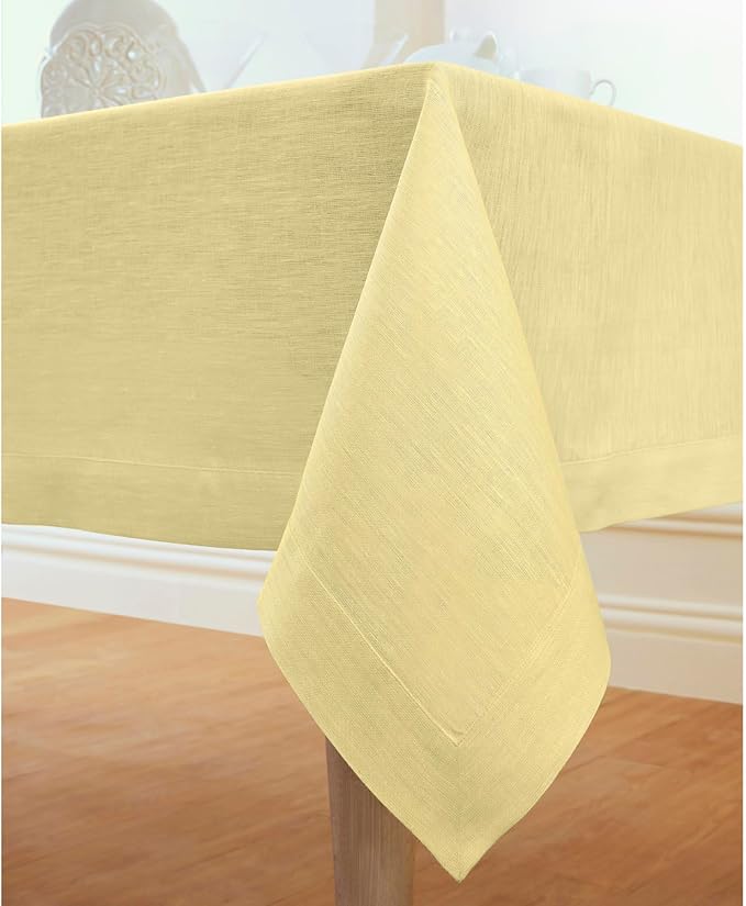 Solino Home Linen Tablecloth 60 x 90 Inch - 100% Pure Linen Chambray Yellow Table Cloth for Rectangular Tables - Athena, Machine Washable Cloth Tablecloth for Spring, Easter