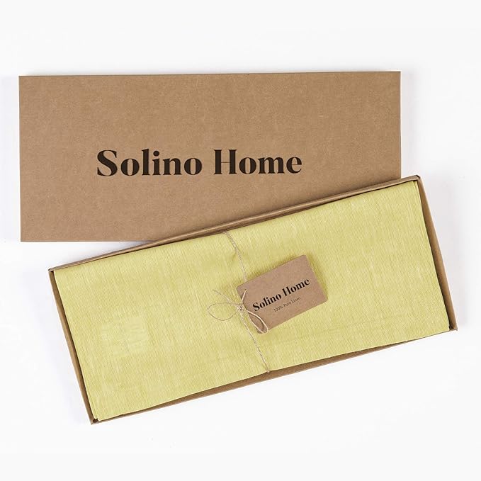 Solino Home Linen Small Table Runner 60 Inches - Athena, 100% Pure Linen Chambray Yellow Table Runner 14 x 60 Inch Ideal for Dresser and Coffee Tables, Spring, Easter