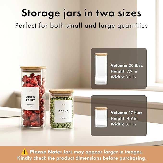 Square Glass Storage Containers with Bamboo Lids 12-Pack (4x 30 oz, 8x 17 oz) Airtight Storage Jars with Lids for Food, Stackable Kitchen Canisters with 114 Labels for Pantry [Thicker Glass 3mm]