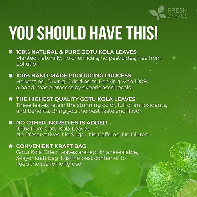 FreshDrinkUS, Premium Gotu Kola Leaves (Centella asiatica) | 8 oz Dried Loose Leaf | Naturally Mild & Earthy Herbal Tea – Premium Quality Leaves. Sugar-Free. Caffeine-Free. Vegan