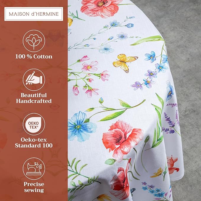 Maison d' Hermine Table Cloth Round Table 100% Cotton 69 Round Inches Tablecloth Reusable Decorative for Dining Room Farmhouse Home Valentines Day Decorations Spring Summer- Happy Florals -High Summer