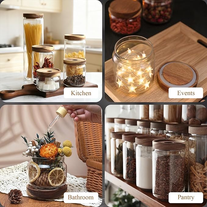 Glass Jars with Airtight Wood Lids - 12 oz Mini Kitchen Pantry Storage Containers, Stackable Decorative Canisters for Chia Seed, Sugar, Tea, Spice, Salt, Matcha, Nuts, Sauce, Cocoa powder, Set of 2
