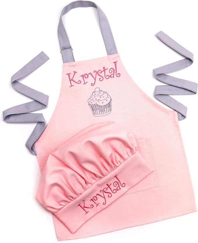 Personalized toddler apron for kitchen, custom cooking apron + chef hat set for kids, boy girl chef costume