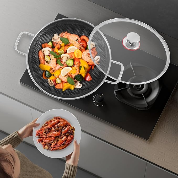 Wok Pan,Hybrid Wok with Lid,Non Stick Stainless Steel Woks & Stir-fry Pans Nonstick Frying Pan Dishwasher and Oven Safe, Works on Induction (13 inch)