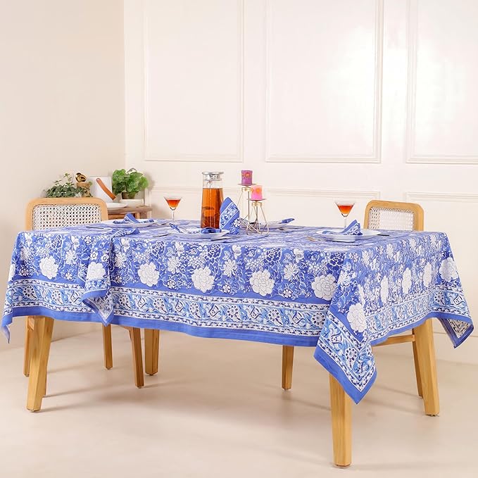 Hand Block Printed Table Cover - Exquisite Design, Premium Cotton Fabric, Perfect for Dining and Decor, Dining Table Linen(Prussian Blue,12 Seater 72 x 135 Inches Rectangle)