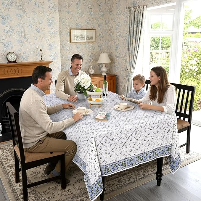 Ridhi Hand Block Print Powder Blue Rectangle Cotton Tablecloth 118" x 70" Reusable Table Cover Decorative Everyday Use for Dining, Farmhouse, Home Gift for Spring, Easter, Valentine