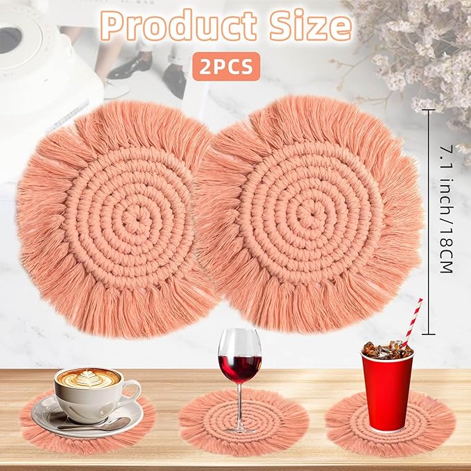 2 PCS Macrame Coasters Handmade Boho Coasters,Woven Absorbent Drink Coaster,Heat Resistant Cotton Coaster for Coffee Table,Desk Kitchen Dining Room Kitchen, Home Decoration (Coral Pink)