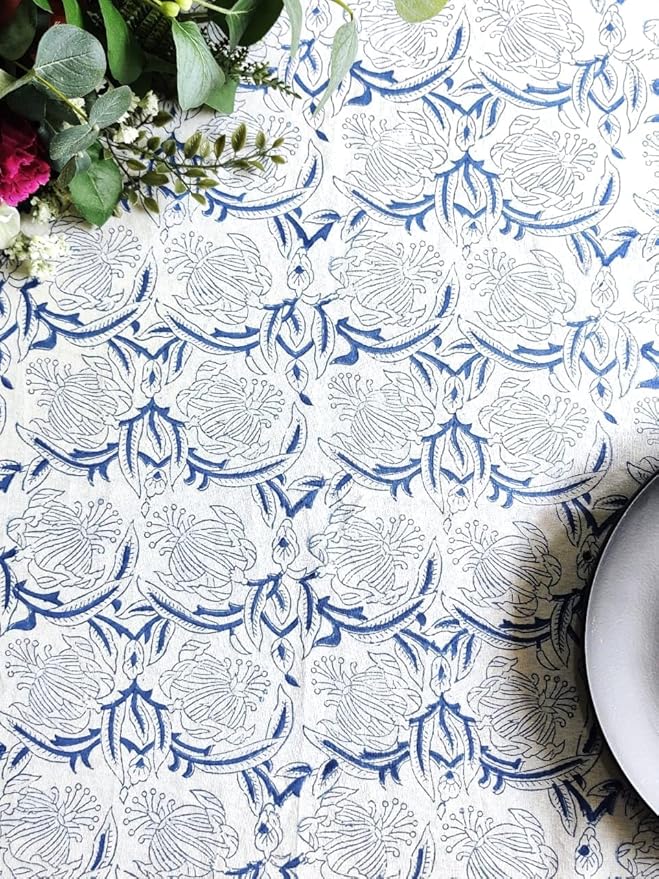 ATOSII Santorini 100% Cotton Round Tablecloth, Handblock Print Floral Table Cloth for Kitchen Dining Linen I Parties, Weddings, Outdoors, Spring Summer Decor I 60" Inches Round
