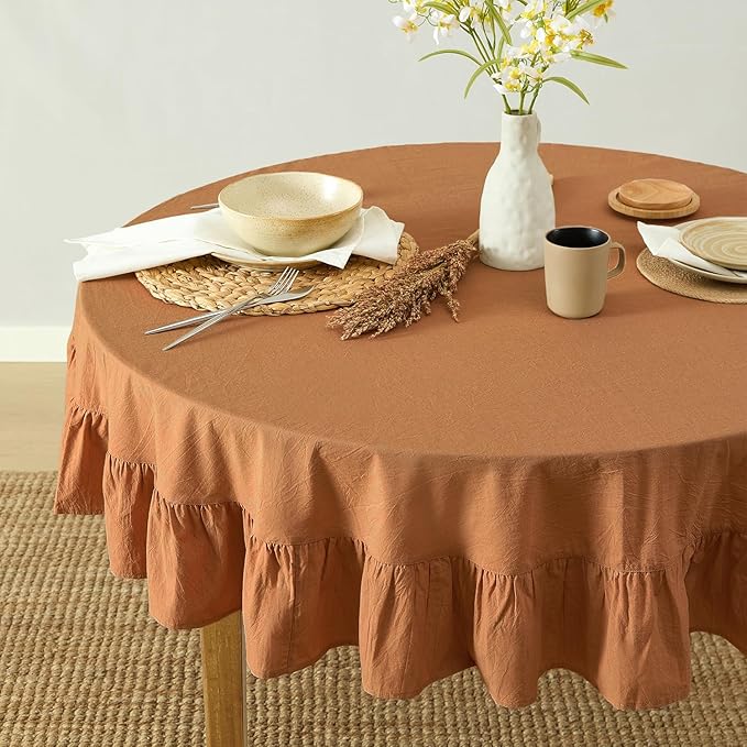 MONDAY MOOSE Ruffle Farmhouse Rustic Round Natural Stonewashed Cotton Tablecloth for Kitchen, Dining Room, Restaurant (60" Round, Cinnamon)