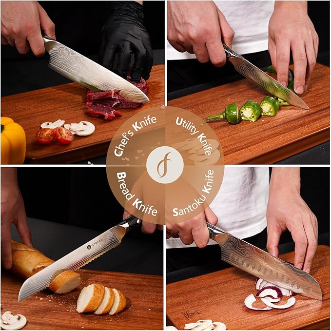 4 Pieces Professional Kitchen Knife Set, Damascus German Stainless Steel Chef Knife Set With Wooden Box, 8" Chef Knife, 5" Utility Knife, 8" Bread Knife, 7" Santoku Knife, Gift for Men Women