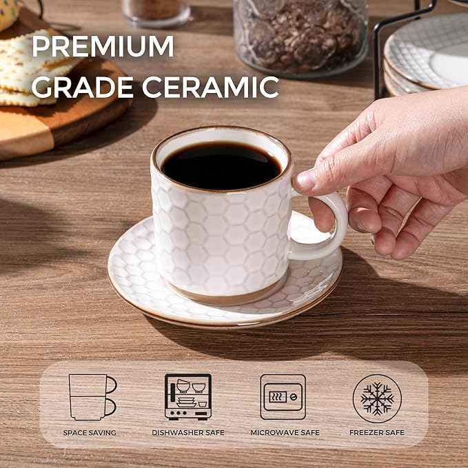 GBhome 6OZ Stackable Coffee Mugs with Stand and Saucer, Ceramic Coffee Mugs Set of 4 with Texture Patterns for Man,Woman,Dad,Mom, Modern Coffee Cups for Latte/Espresso. Dishwasher&Microwave Safe