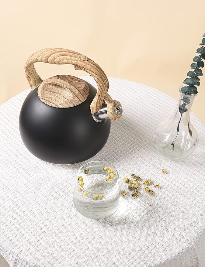 BELANKO 2.7 Quart Tea Kettle for Stovetops - Food Grade Stainless Steel Teapot with Loud Whistle, Cool-Touch Wood Pattern Handle, Rust-Resistant Whistling Kettle - Matte Black