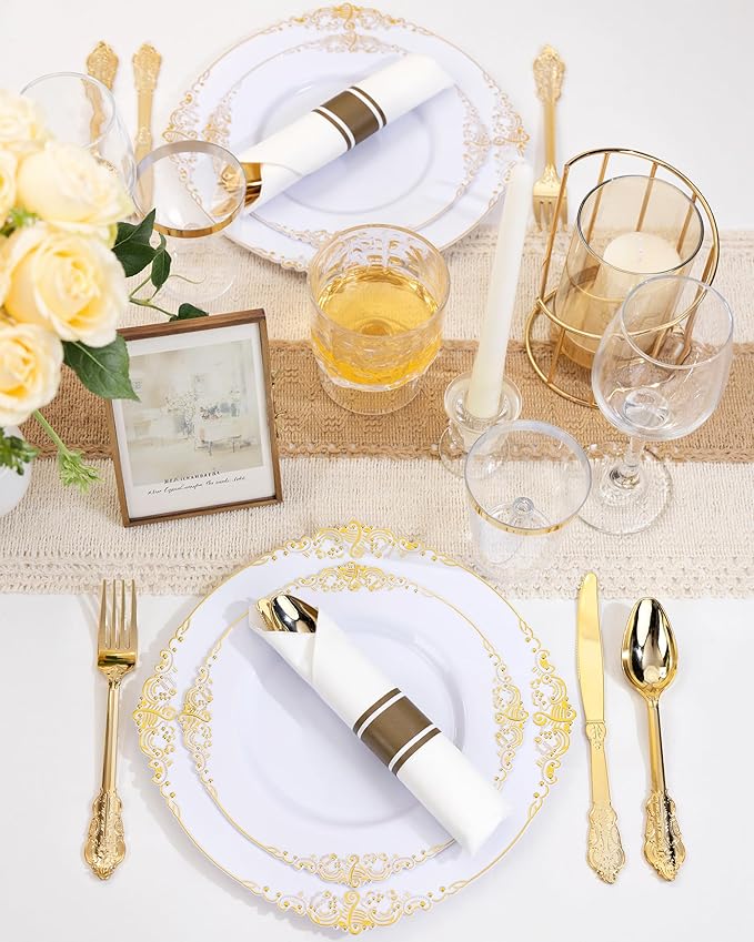 Nervure 175PCS Gold Plastic Plates - Disposable White Gold Party Plates & Pre Rolled Napkins with Cutlery for 25 Guests, 50Plates, 75Silverware, 25Cups, 25Napkin for Wedding & Party