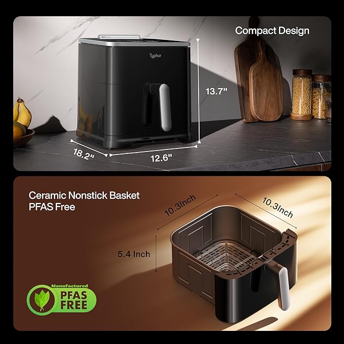 Typhur Sync 8QT AI Smart Air Fryer with Built-in Wireless Meat Thermometer, 9-in-1 XL Non Toxic Ceramic Airfryer, 450°F Max, Cooks 6lb Whole Chicken, Quiet & Dishwasher Safe, 120V