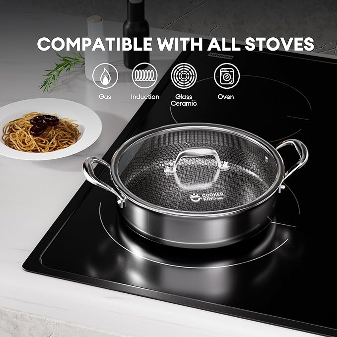 COOKER KING 5QT Stainless Steel Saute Pan with Lid, Hybrid Nonstick Deep Saute Pan, Chicken Fryer, Tri-Ply Clad Even Heat Distribution, Dishwasher-Friendly,Oven Safe to 500°F, Induction Compatible