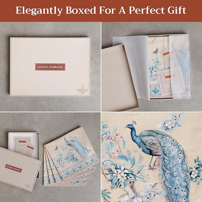 Maison d' Hermine Napkins 100% Combed Cotton Premium Set of 4 Decorative Cloth Napkin Washable Dinner Napkins for Holiday, Dinner, Wedding & Dining - Peacock Utopia - Sandy Beach (20”x20”)