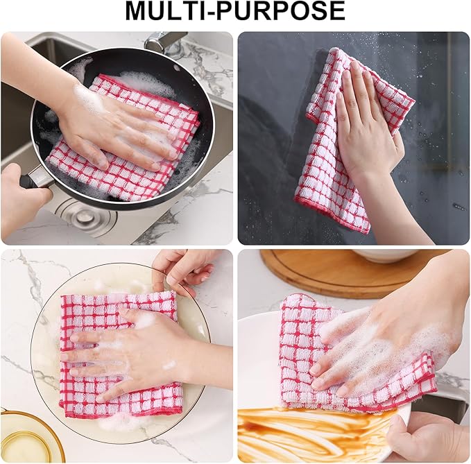Kitinjoy Cotton 12 Pack Terry Kitchen Dish Cloths, 12 x 12 Inches Super Soft and Absorbent Dish Rags, Quick Drying Dish Towels for Washing Dishes, Red
