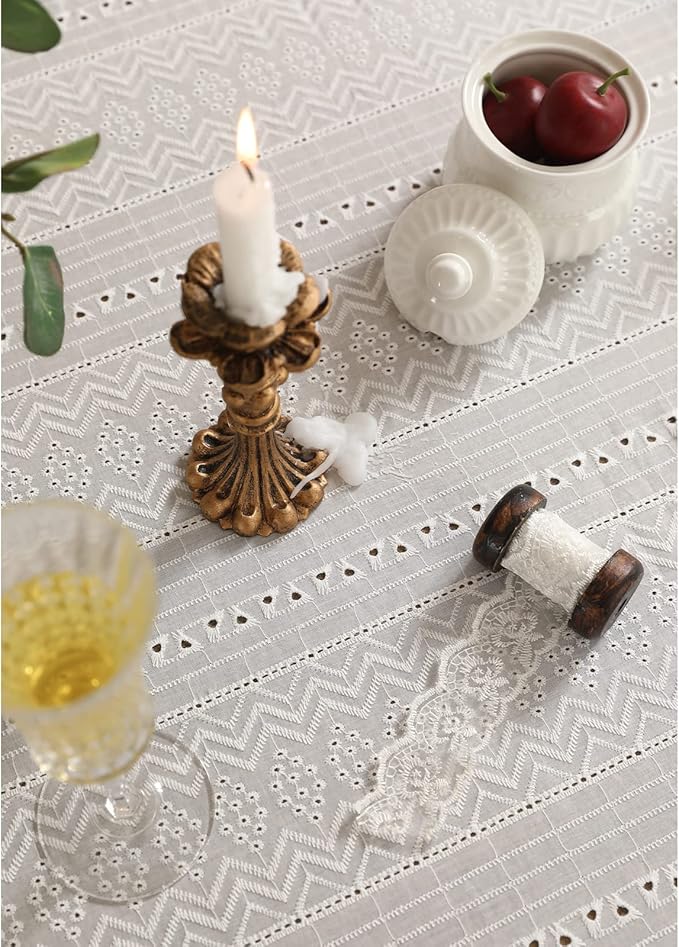 patdrea Vintage White Lace Tablecloth,Design Embroidered Cotton Ruffle Table Cloth for Rectangle Table,Elegant Rustic Fabric Decorations for Wedding Party Thanksgiving Christmas 67"*118"