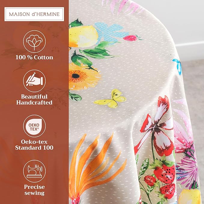 Maison d' Hermine Table Cloth Round Table 100% Cotton 69 Round Inches Tablecloth Reusable Decorative for Dining Room Farmhouse Home Valentines Day Decorations Spring Summer - Jardin D'Ete - Fog