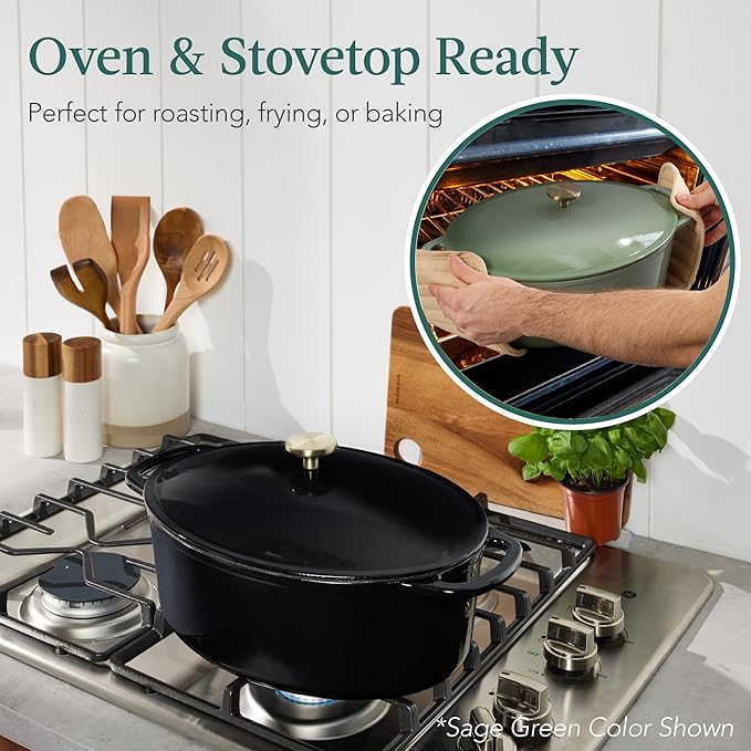 Best Choice Products Oval 7.5 Quart Enamel Cast-Iron Dutch Oven, Heavy-Duty Pre-Seasoned for Baking, Cooking w/Side Handles – Black Licorice
