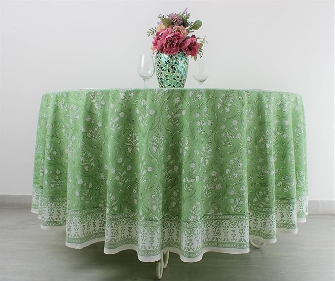 Ridhi Block Print Round Pear Green Reusable Tablecloth 100% Cotton 60" Inch Decorative Table Cover eveyday Dining, Home, Party, Wedding, Farmhouse Gift for Spring, Easter, Valentine