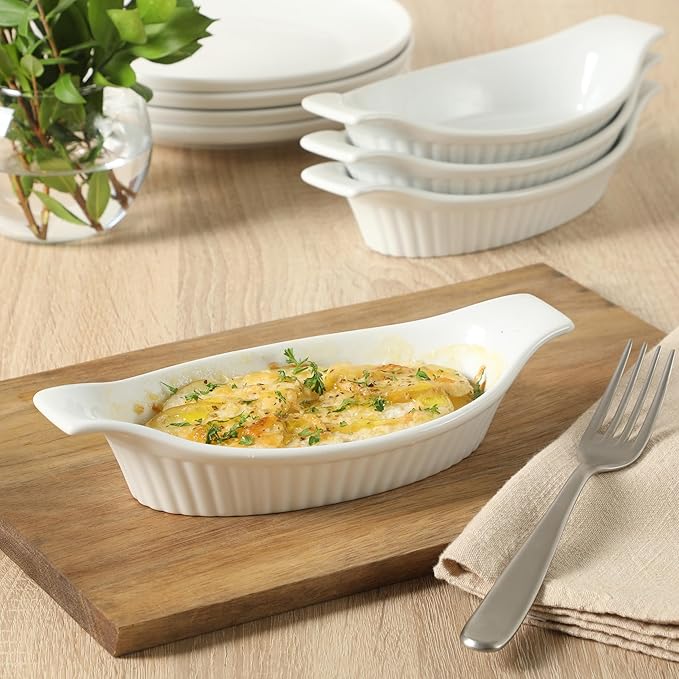 Gibson Home Gracious Dining Oval Au Gratin Baking Dishes, 4-Piece Set – 9 oz Oven Safe Banana Split Bowls, Ceramic Small Casserole Dishes with Handles, Microwave & Dishwasher Safe Mini Bakeware, White