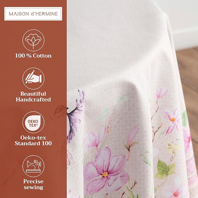 Maison d' Hermine Table Cloth Round Table 100% Cotton 63 Round Inches Tablecloth Reusable Decorative for Dining Room Farmhouse Home Valentines Day Decorations Spring Summer - Magnolia Mornings