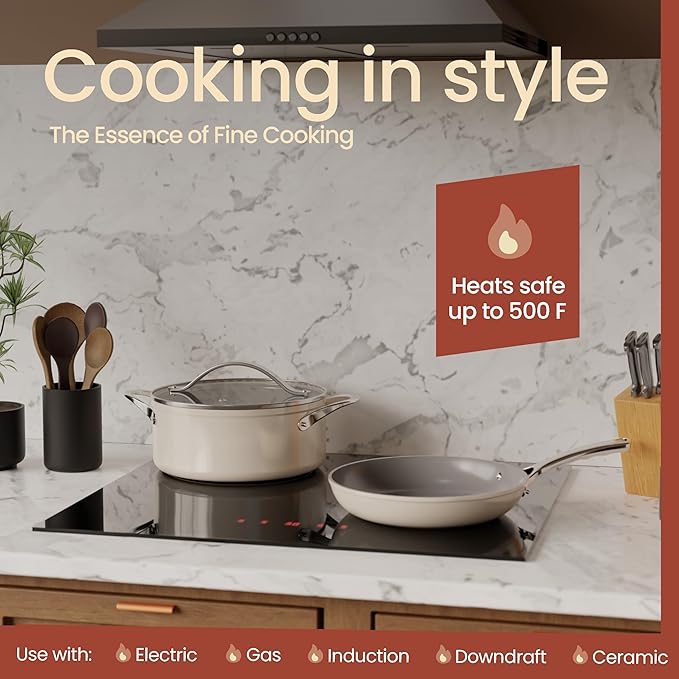 Bakken 12-Piece Aluminum Cookware Set with Ceramic Nonstick Coating, PTFE & PFAS Free, All Stovetop Safe Up To 500°F, Pots and Pans Set with Lids, Silicone Utensils Included, Dishwasher Safe, Cream